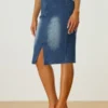 Allegra K Women's Slit Elastic High Waist Below Knee Length Stretch Bodycon Pencil Denim Skirt
