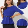 Allegra K Women's 3/4 Sleeve Belted Elegant Business Work Peplum Top