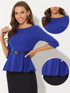 Allegra K Women's 3/4 Sleeve Belted Elegant Business Work Peplum Top