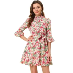 Allegra K Women's Floral 3/4 Bell Sleeve Smocked Belted Flare Ruffle Dress -Allegra K GUEST 2fb2ac4b 2b20 48e1 85e7 596d55274cc3
