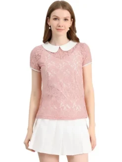 Allegra K Women's Contrast Peter Pan Collar Blouse Short Sleeve Sheer Lace Top -Allegra K GUEST 2fc188a8 2fac 4e87 8d35 727703cbb1bb