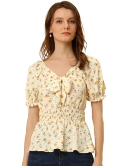 Allegra K Women's Summer Tie Neck Short Sleeve Smocked Waist Floral Print Blouses -Allegra K GUEST 2ffd6e02 20db 46c4 82cf ea6d1243f6a0