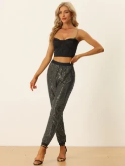 Allegra K Sequin Trousers For Women's Shiny Sparkle Elastic Waist Ankle Length Pants -Allegra K GUEST 308073c4 bdeb 4f76 b7aa 923520ad90f8