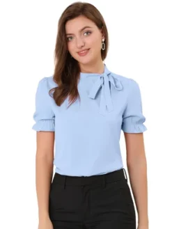 Allegra K Women's Bow Tie Neck Elegant Office Short Sleeve Blouse -Allegra K GUEST 30e27b7b d2b2 4ecc a001 49cf815095af