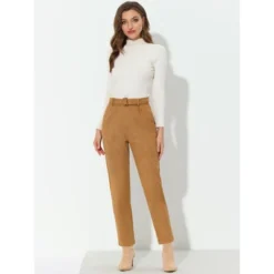 Allegra K Women's Casual Faux Suede Pants High Waist Belted Straight Legs Trousers