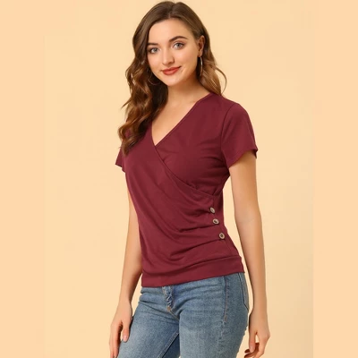 Allegra K Women's Wrap V Neck Short Sleeve Button Decor Ruched Blouses 3 Allegra K Women's Wrap V Neck Short Sleeve Button Decor Ruched Blouses - Image 3