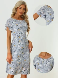 Allegra K Women's Floral Casual Pleated Neckline Below Knee Flutter Sleeve Dress