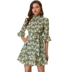 Allegra K Women's Floral 3/4 Bell Sleeve Smocked Belted Flare Ruffle Dress -Allegra K GUEST 31763ec9 9fdd 41cb 9adc 7bb026773711