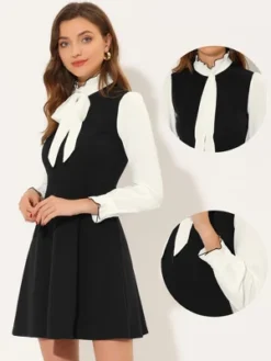 Allegra K Women's Elegant Contrast Ruffle Stand Collar Bow Tie Puff Sleeve Office Dress