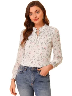 Allegra K Women's Ruffled Long Sleeve Pleated Front Floral Blouse -Allegra K GUEST 3206dc32 689e 47c8 a53d 0d3847d58d03