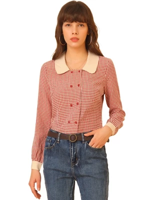 Allegra K Women's Contrast Peter Pan Collar Blouse Gingham Long Sleeve Button Front Shirt 6 Allegra K Women's Contrast Peter Pan Collar Blouse Gingham Long Sleeve Button Front Shirt - Image 6