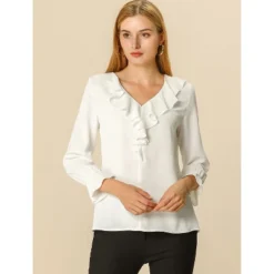 Allegra K Women's Office Work Ruffle V Long Sleeve Neck Chiffon Peasant Blouse