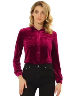 Allegra K Women's Pocket Front Velvet Blouse Long Sleeve Casual Button Down Shirt -Allegra K GUEST 333edd48 ddf2 44c1 b810 5fdab15602c6