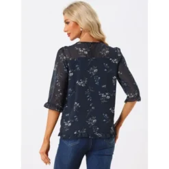 Allegra K Women's Casual Round Neck Ruffle 3/4 Sleeve Floral Print Chiffon Blouse -Allegra K GUEST 33823619 ac76 4c1a 97fc 125f29d0dabb