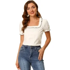 Allegra K Women's Puff Sleeve Ruffle Tops Summer Elegant Work Square Neck Blouse -Allegra K GUEST 34d36fc9 1541 47d0 9bc3 dbf5daad7c3d