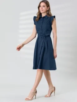 Allegra K Women's Cotton Shirtdress Work Office Ruffled Sleeveless Dress With Belt -Allegra K GUEST 34d88e94 1878 4a63 a770 c34299f19c72