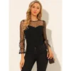 Allegra K Women's Lace Round Neck Heart Dots Sheer Long Mesh Sleeve Top