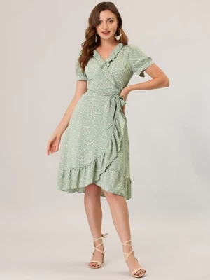 Allegra K Women's Floral Ruffle V Neck Tie Short Sleeve Wrap Midi Dresses 2 Allegra K Women's Floral Ruffle V Neck Tie Short Sleeve Wrap Midi Dresses - Image 2