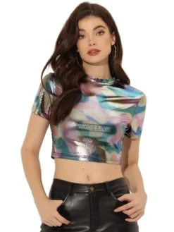 Allegra K Women's Party Short Sleeve Mock Neck Metallic Crop Top -Allegra K GUEST 360c383e 77df 4a6e 99f8 b360cb5af130
