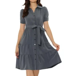 Allegra K Women's Summer V Neck Short Sleeve Button Down Tie Waist Chambray Shirt Dress -Allegra K GUEST 360fd04c f7a7 47d3 a5a1 84f335522d4c