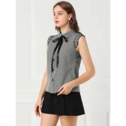 Allegra K Women's Bow Tie Neck Blouse Vintage Ruffle Sleeveless Gingham Plaid Shirt -Allegra K GUEST 361f71fc 18fd 4921 8afb 35c7c947c7cc