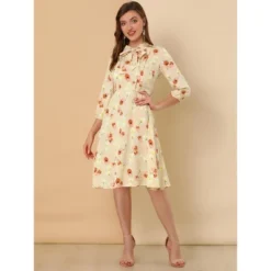 Allegra K Women's Floral Tie Neck 3/4 Sleeve Office Work Midi Flowy Flare Dress