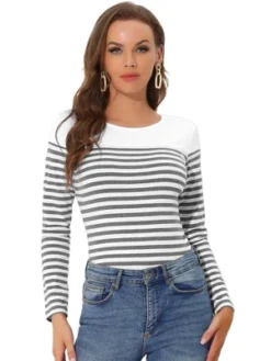 Allegra K Women's Color Block Long Sleeve Striped T-Shirt -Allegra K GUEST 36b3569a e834 4787 b2a4 9b7743e8c85e