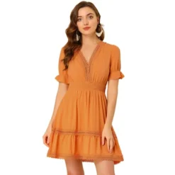 Allegra K Women's V Neck Smocked Elastic Waist Short Sleeve Boho Crochet Trim Mini Dress -Allegra K GUEST 371d5f82 17e6 4b16 be5c 8677296d5918