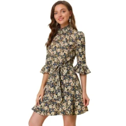 Allegra K Women's Floral 3/4 Bell Sleeve Smocked Belted Flare Ruffle Dress -Allegra K GUEST 3720e7b0 f5ab 402f a3e6 644b1b8b262c