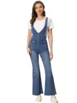 Allegra K Women's Casual Denim V Neck Zip Up Bell Bottom Jeans Jumpsuits -Allegra K GUEST 37f26418 682b 4aea 9ee8 b30f27336004