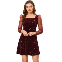 Allegra K Women's Mesh Sheer Puff Long Sleeve Square Neck Glitter Star Mini Velvet Dress -Allegra K GUEST 38584e64 4724 443e 9734 894dc4b74388