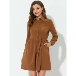 Allegra K Women's Turn Down Collar Long Sleeve Corduroy Button Down Shirt Dress