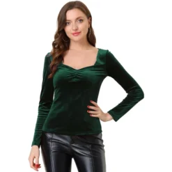Allegra K Women's Sweetheart Neckline Tops Pleated Front Long Sleeve Retro Velvet Blouse -Allegra K GUEST 394acdf7 9acb 41de 96ba 73399b6dd345