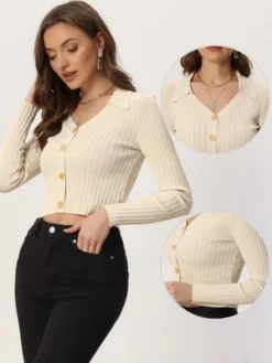 Allegra K V Neck Crop Sweater Tops For Women's Ribbed Knit Casual Long Sleeve Solid Sweater Pullover Top