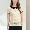 Allegra K Women's Contrast Peter Pan Collar Blouse Short Sleeve Sheer Lace Top