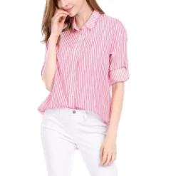 Allegra K Women's Striped Button Down Roll-up Long Sleeves Point Collar Shirt