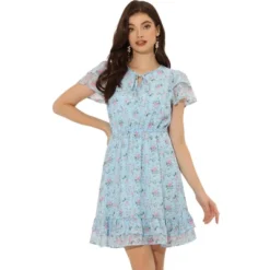 Allegra K Women's Ruffle Sleeve Self-Tie V Neck Above Knee Ruffled A-Line Floral Chiffon Dress -Allegra K GUEST 3afda59a 1df6 4639 96e5 278c03e05a01