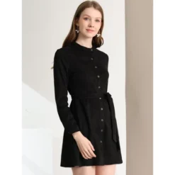 Allegra K Women's Long Sleeve Casual Faux Suede Belted Elegant Button Down Mini Dress