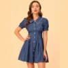 Allegra K Women's Chambray Puff Button Front Flare A-line Mini Shirt Dresses
