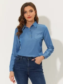 Allegra K Women's Point Collar Half Placket Casual Long Sleeve Chambray Blouse Shirts -Allegra K GUEST 3c588e50 7f7d 4961 ae17 a362b8b6bdba