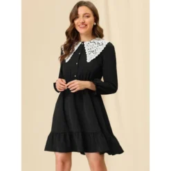 Allegra K Women's Vintage Ruffle Hem A-Line Crochet Puritan Collar Dress