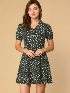 Allegra K Women's V Neck Short Sleeve Button Front Summer Floral Shirt Dresses