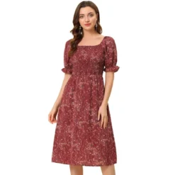 Allegra K Women's Square Neck Puff Sleeves Casual Midi Smocked Floral Dress -Allegra K GUEST 3cf4fb08 8d77 4cfb a316 081118a5cecb