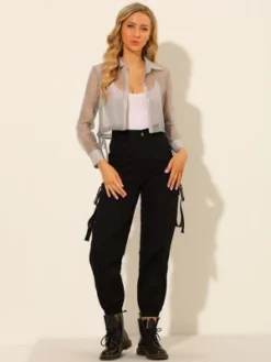 Allegra K Women's Button Front Tie Hem Point Collar Mesh Sheer Long Sleeve Shirt