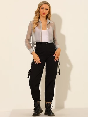 Allegra K Women's Button Front Tie Hem Point Collar Mesh Sheer Long Sleeve Shirt 1 Allegra K Women's Button Front Tie Hem Point Collar Mesh Sheer Long Sleeve Shirt