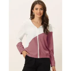 Allegra K Women's Color Block Drawstring Hem Long Sleeve Sport Hooded Zip Lightweight Jacket