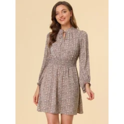 Allegra K Women's Smocked Waist Tie Neck Floral Long Sleeve Dress