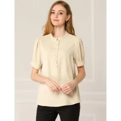 Allegra K Women's Work Office Half Placket Ruffled Puff Sleeve Blouse