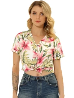 Allegra K Women's Hawaiian Floral Leaves Printed Short Sleeve Button Down Vintage Beach Shirt -Allegra K GUEST 3eb93d28 26ce 4882 9b42 9323e0ede1d5