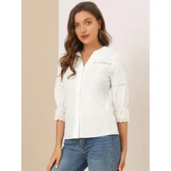 Allegra K Women's 3/4 Sleeve Crochet Trim Work Blouse
